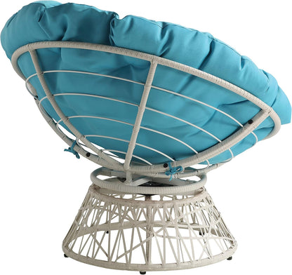 Wicker Papasan Chair with 360-Degree Swivel, Cream Frame with Blue Cushion