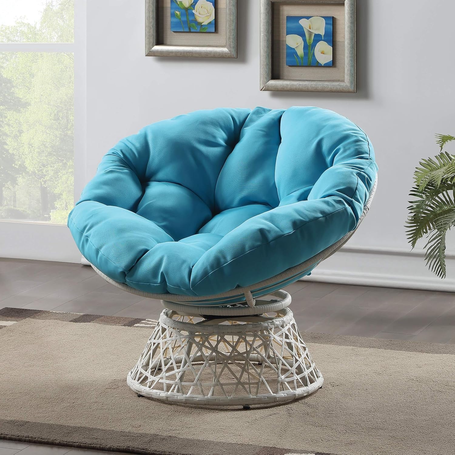 Wicker Papasan Chair with 360-Degree Swivel, Cream Frame with Blue Cushion