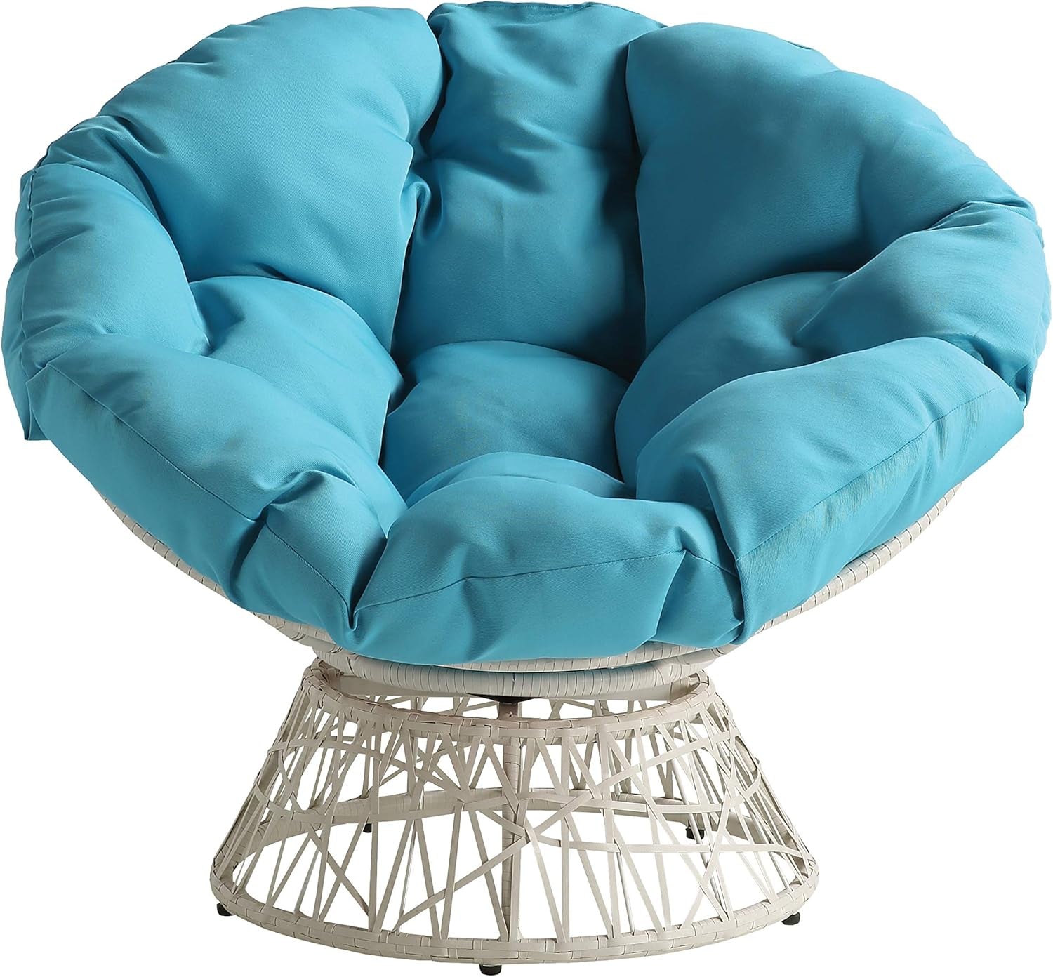 Wicker Papasan Chair with 360-Degree Swivel, Cream Frame with Blue Cushion