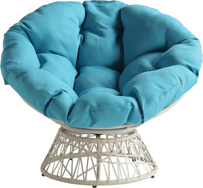 Wicker Papasan Chair with 360-Degree Swivel, Cream Frame with Blue Cushion