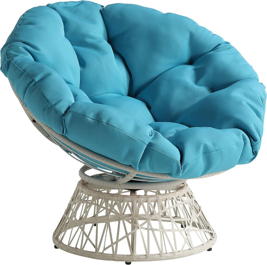 Wicker Papasan Chair with 360-Degree Swivel, Cream Frame with Blue Cushion
