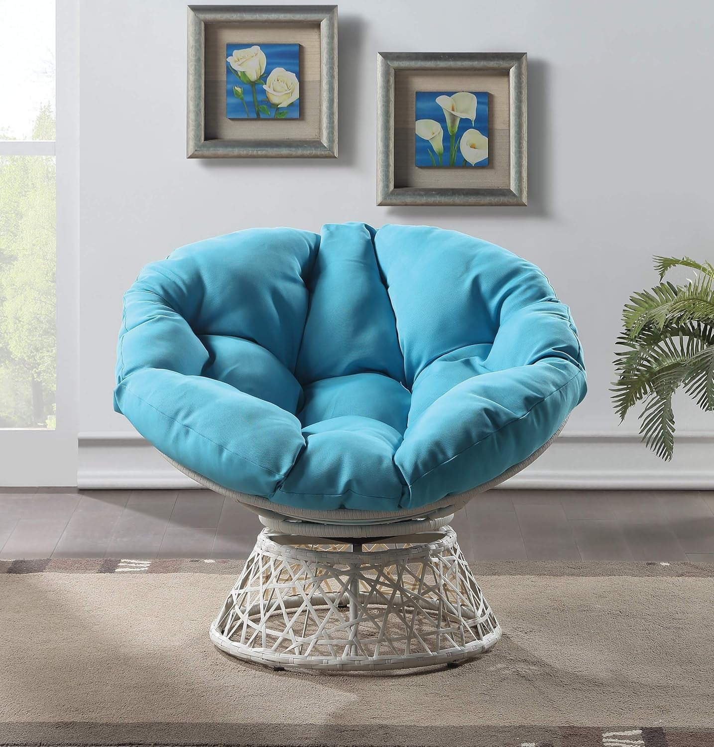 Wicker Papasan Chair with 360-Degree Swivel, Cream Frame with Blue Cushion